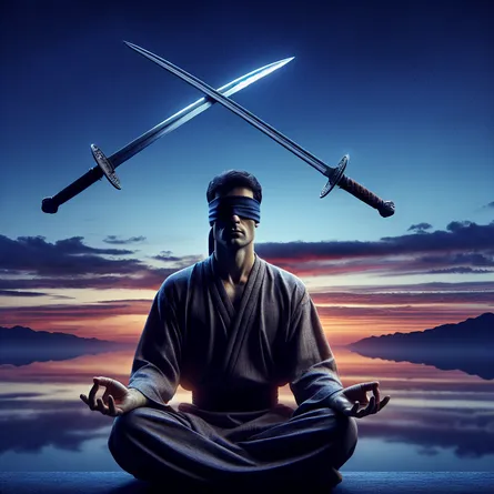 Two beautifully balanced swords, with their sharp edges gleaming, intersect at the center of the image against a serene twilight backdrop filled with hues of deep indigo and orange. A blindfolded male figure of Middle-Eastern descent sits in meditation at the intersection point of the swords, symbolizing tranquility and quietude amidst decision-making. The man, clothed in simple garb, is reaching towards his blindfold with gentle fingers, suggesting the distinct notion of him making a conscious, balanced choice.