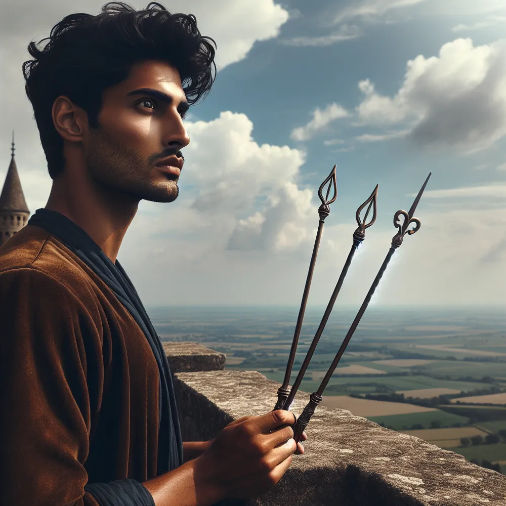A South Asian man standing high on a medieval castle's rampart, holding two enchanting wands, one in each hand. The draw of the distant horizon on him is palpable, as he gazes out into the broad landscape, a region fertile and teeming with natural beauty. His eyes reflect an intriguing mix of anticipation and curiosity, as if he's on the brink of a grand adventure. It is a clear day, with a few puffy clouds dotting the beautiful blue sky, adding to the ethereal beauty of the scene.