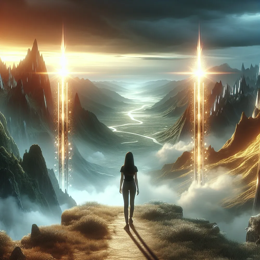 Create an image of a South Asian female standing between two towering, radiant, shining wands. She is looking out onto a vast and diverse landscape that stretches towards the horizon, embodying the critical decision before her. The scene is charged with an aura of mystique and daring, suggesting a tension between the known and the unknown, between safety and adventure. The landscape, in its vastness, signifies the scale and importance of the decision, and the towering wands beside her serve as radiant markers of the paths available to her.