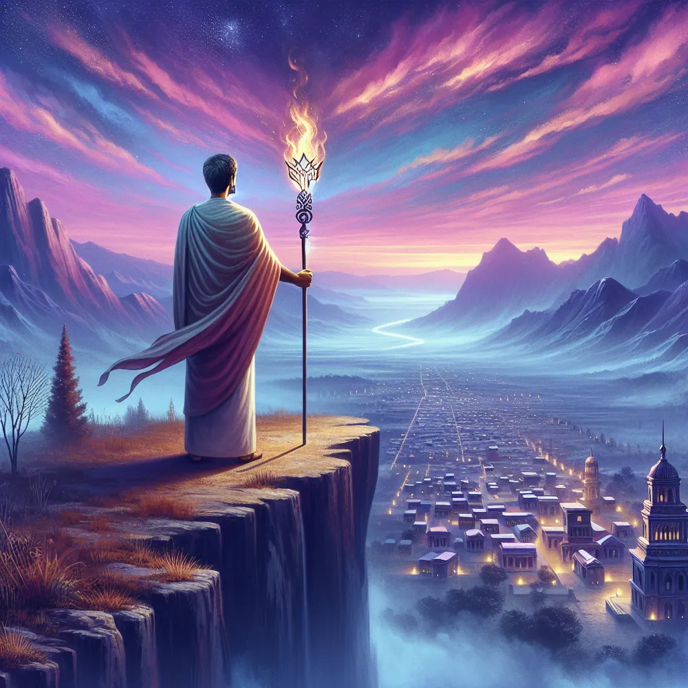 A South Asian man stands on the precipice of a high cliff, towering over an expansive horizon. In the distance a quaint town landscape seems to extend forever. He holds two large wands in his hands. One is set ablaze, symbolising ambition, whilst the other is intricately carved with purposeful patterns denoting well-formulated plans. The sky above him blends seamlessly into a vibrant mix of twilight hues; ethereal pinks, lavenders, and deep blues. Subtle elements of stoicism are woven into the image, visible if one cares to look closely.