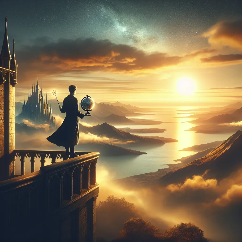 Create a serene and mystical image of a person standing on a castle's balcony, holding a globe in one hand and a wand in the other, gazing thoughtfully at an expansive horizon filled with vast landscapes, oceans, and distant mountains. The setting sun casts long shadows and a warm, golden light, symbolizing infinite possibilities and personal ambition. The scene should convey a sense of planning and potential, combining elements of classic tarot artistry with a hint of modern fantasy.