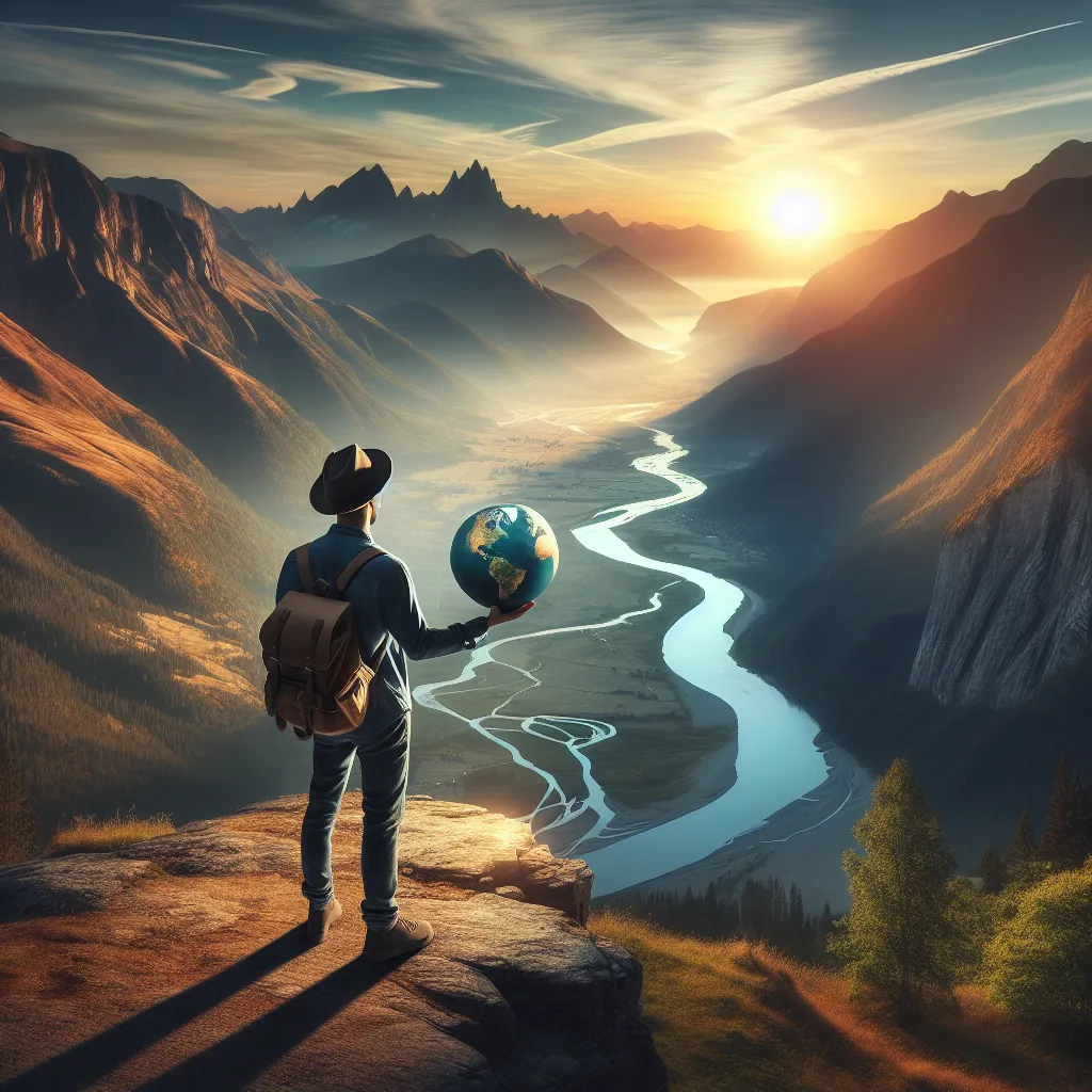 A person standing on a cliff, gazing out over a vast landscape with mountains and a river winding through a valley. In one hand, the person holds a globe, symbolizing global possibilities and choices. The scene embodies a sense of adventure and contemplation, with a sunrise casting a warm glow across the scene, emphasizing themes of potential and foresight.