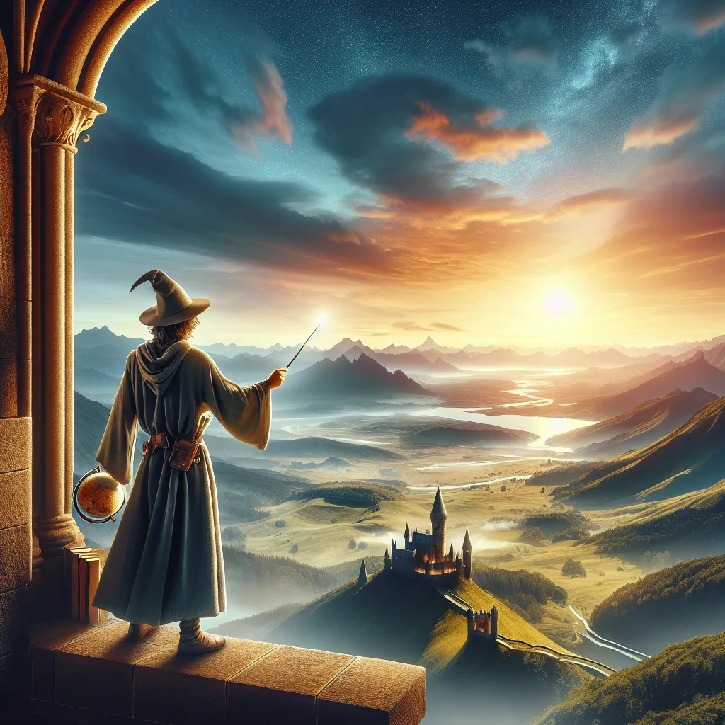 An adventurous figure standing on a castle balcony overlooking a vast, open landscape. The scene shows rolling hills, expansive oceans, and distant mountains. In one hand, the figure holds a wand firmly, symbolizing ambition, while the other hand touches a globe or map, representing planning and exploration. The sky is vibrant with a sunrise, indicating new beginnings and potential. The setting is both mystical and hopeful, capturing the essence of standing at the threshold of decision and adventure.