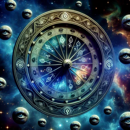 Visualize a mystical wheel suspended in the cosmic void. This enigmatic device is adorned with arcane symbols reflecting the concepts of time, chance, and destiny. Countless stoic eyes, appearing as cosmic bodies perhaps, are watching over the wheel, tracing its movement and the swirling fortunes it governs.