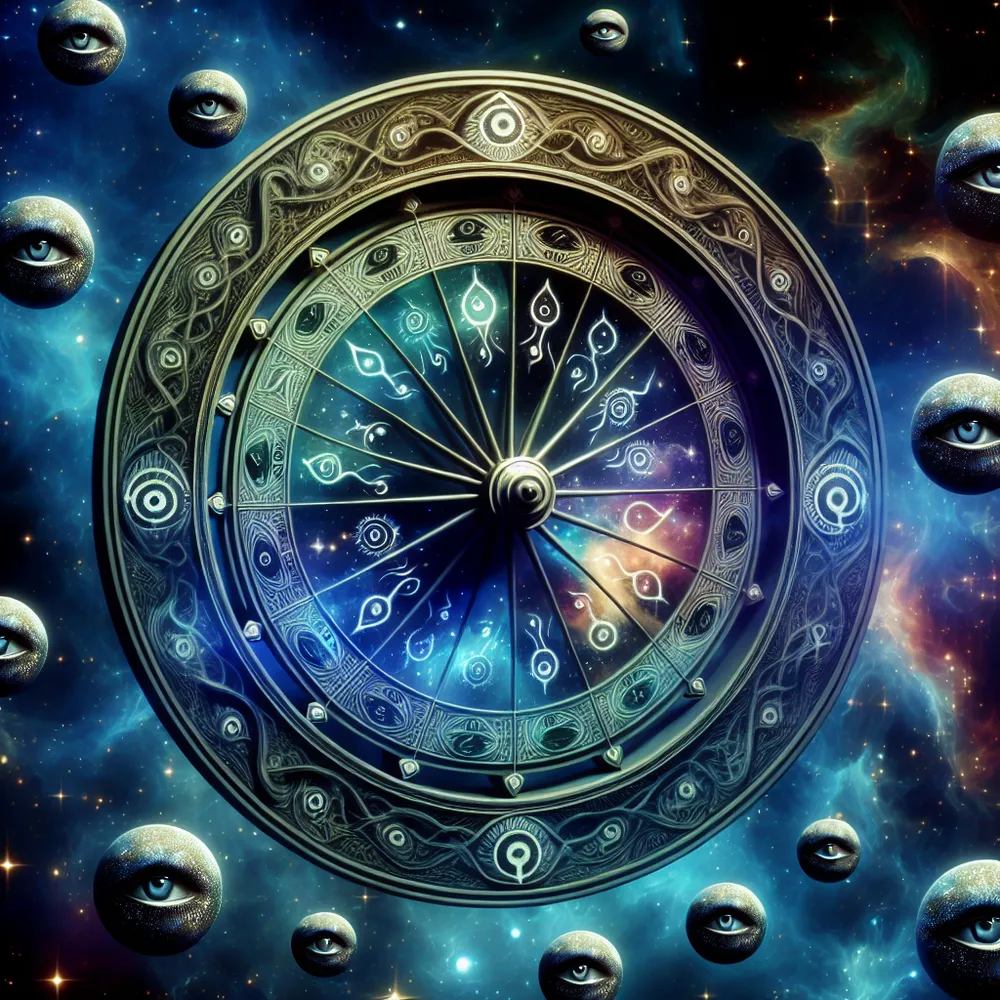 Visualize a mystical wheel suspended in the cosmic void. This enigmatic device is adorned with arcane symbols reflecting the concepts of time, chance, and destiny. Countless stoic eyes, appearing as cosmic bodies perhaps, are watching over the wheel, tracing its movement and the swirling fortunes it governs.