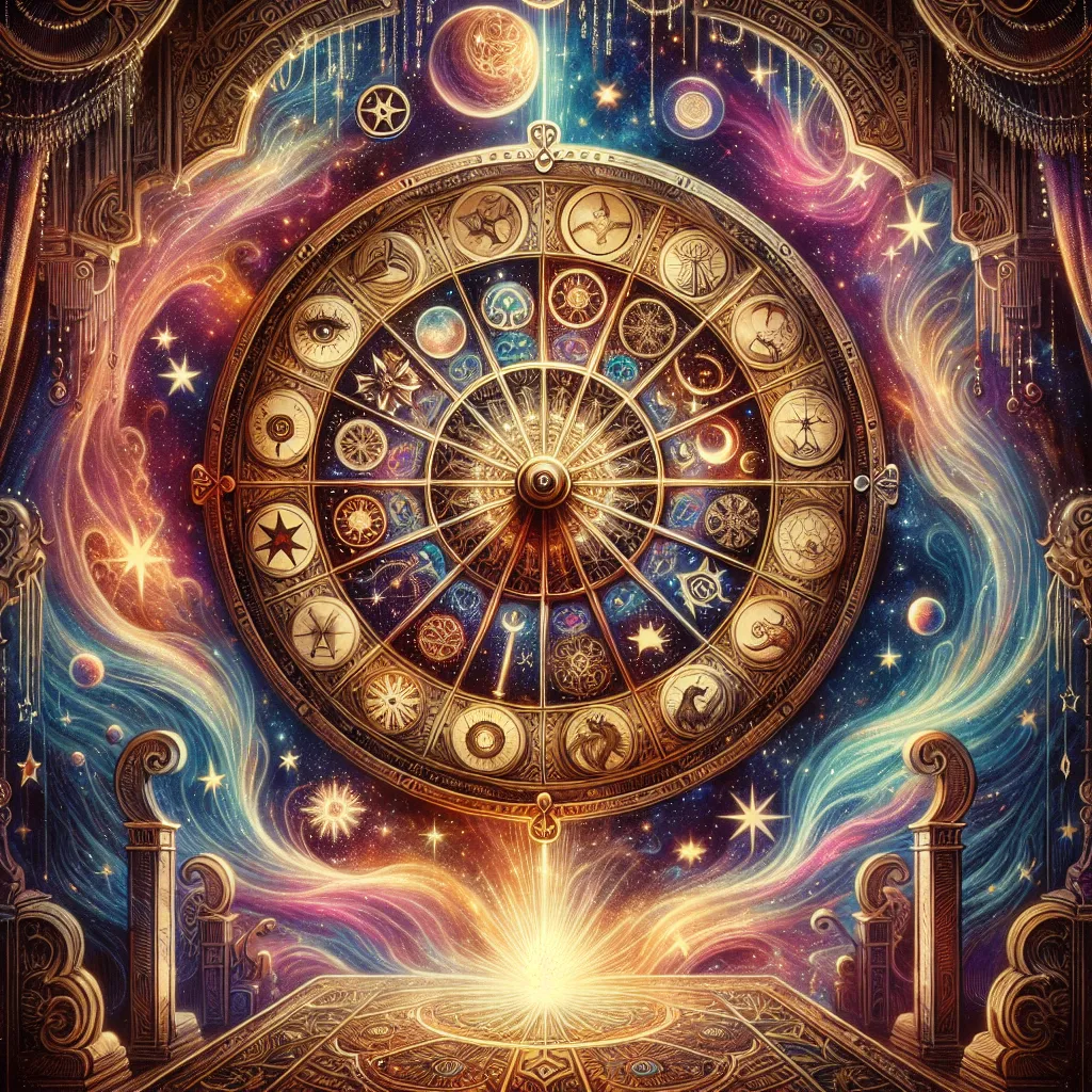 Create an image of the Wheel of Fortune tarot card with a mystical, cosmic backdrop. Illustrate a large, ornate wheel spinning in the center, adorned with classic symbols of the zodiac and elements of nature. Surround the wheel with a tapestry of stars and celestial patterns, highlighting the themes of cyclical change and fate. Incorporate vibrant colors and ethereal lighting to evoke a sense of wonder and universal connection.